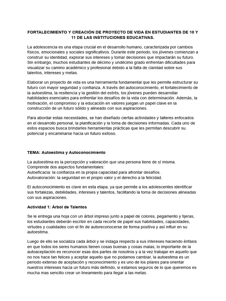 Proyecto de Vida para Estudiantes Adolescentes | PDF | Autoestima ...