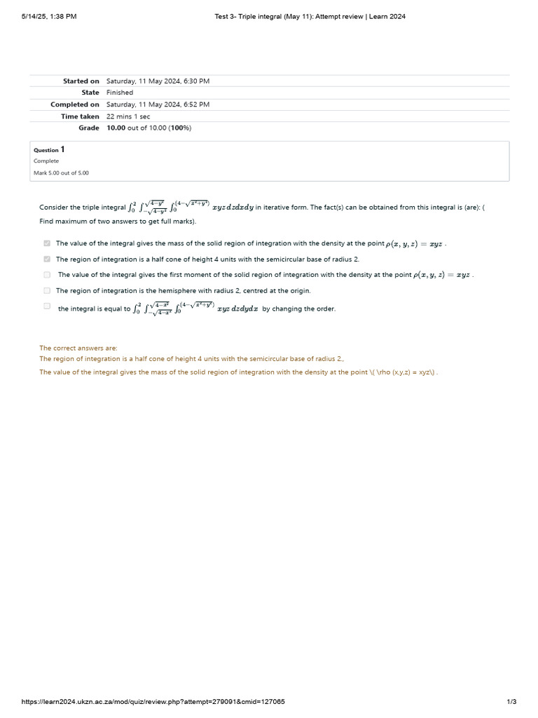 Test 3 - Triple Integral (May 11) - Attempt Review - Learn 2024 | PDF ...