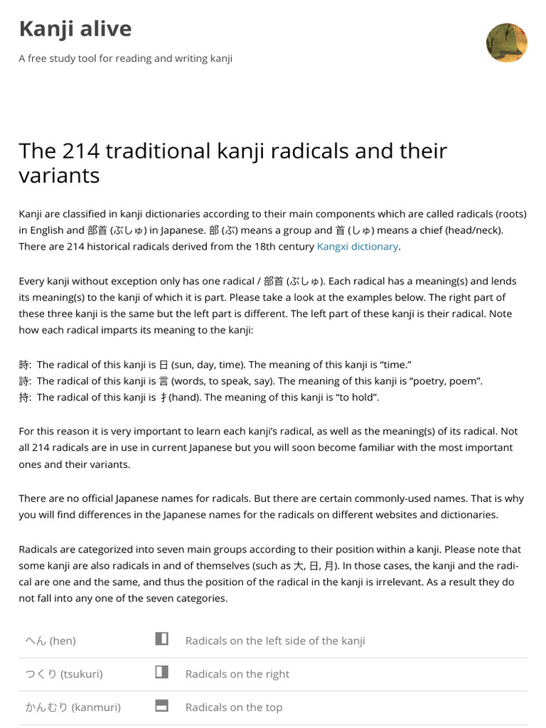 The 214 Traditional Kanji Radicals and Their Meanings | PDF | Kanji ...