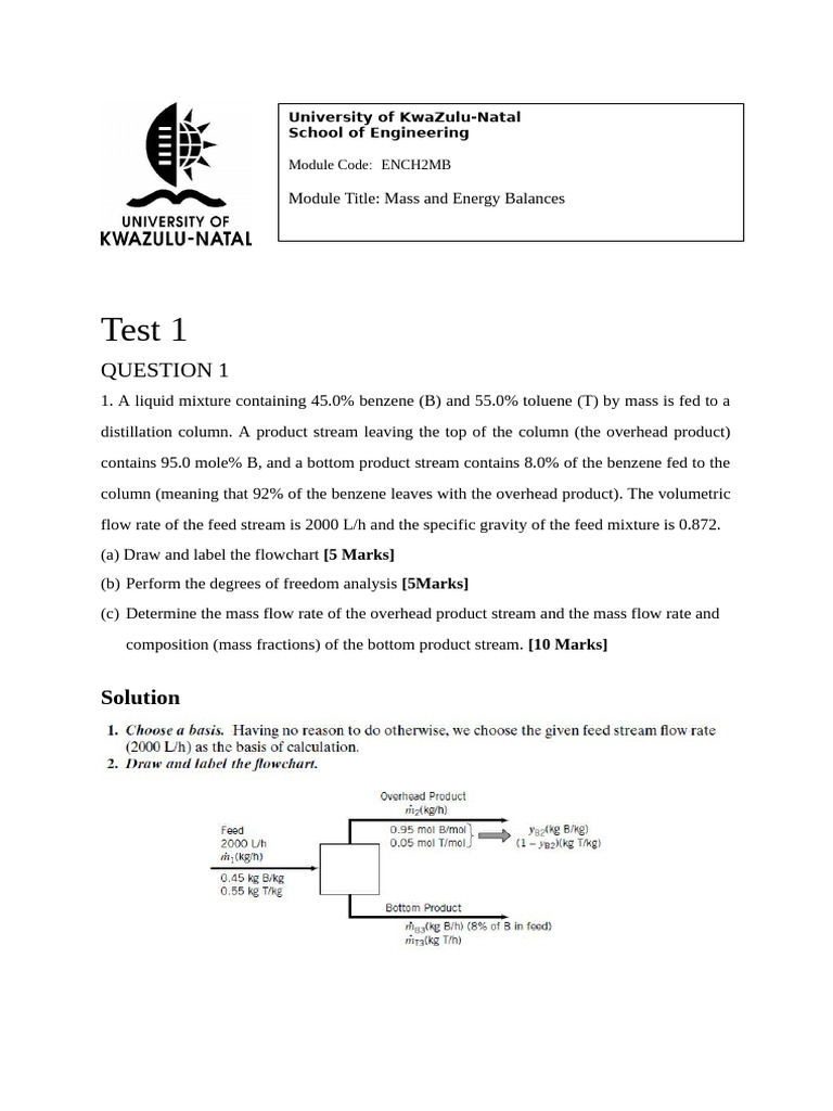 Test 1 Solutions | PDF | Chemical Reactor | Mole (Unit)