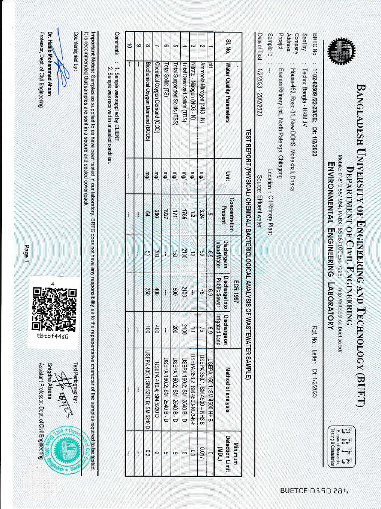 ERL WasteWater Test Report | PDF