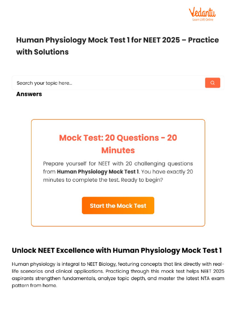 Human Physiology Mock Test 1 For NEET 2025 - Practice With Solutions | PDF