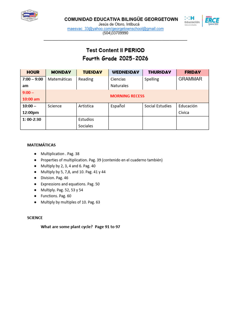 Plan de Estudios Cuarto Grado 2025-2026 | PDF