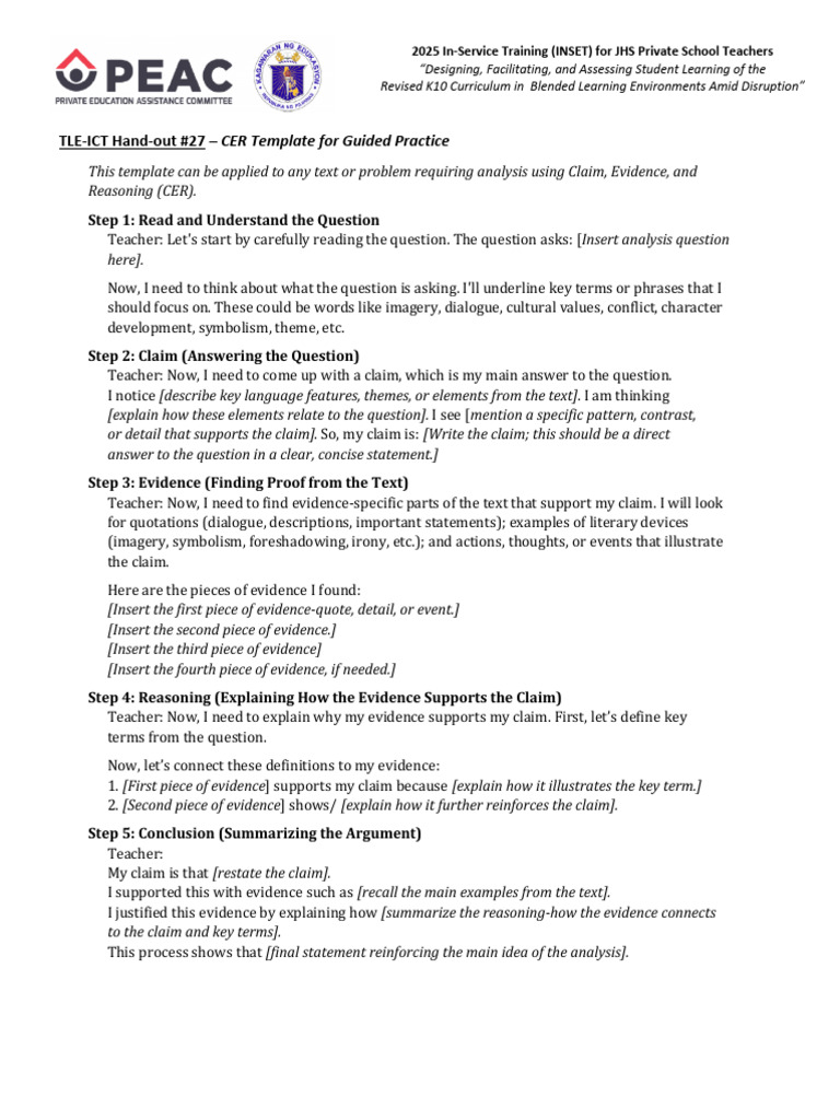 CER Template for JHS Teacher Training | PDF | Evidence | Question