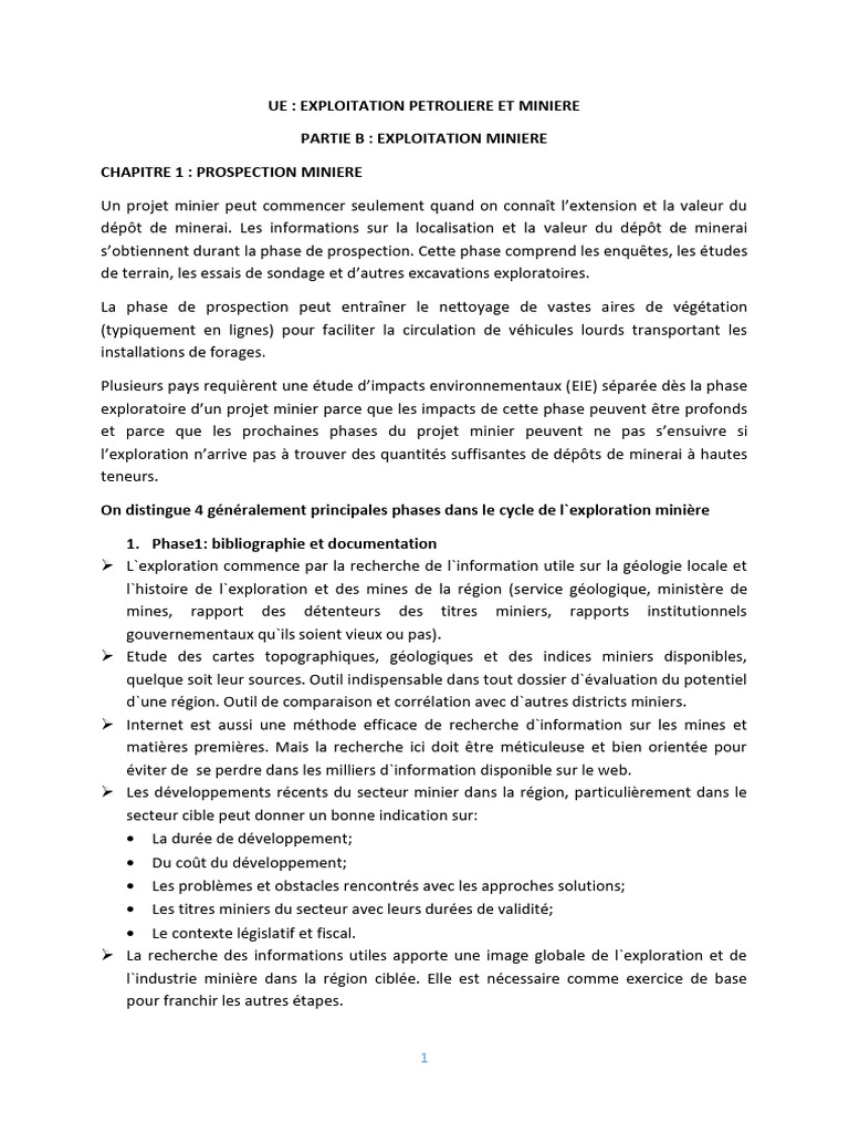 Prospection minière : phases et méthodes | PDF | Exploitation minière ...