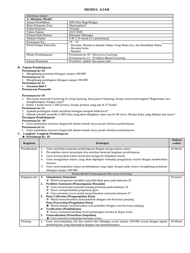 Modul Ajar Matematika Kelas 5: Bilangan | PDF