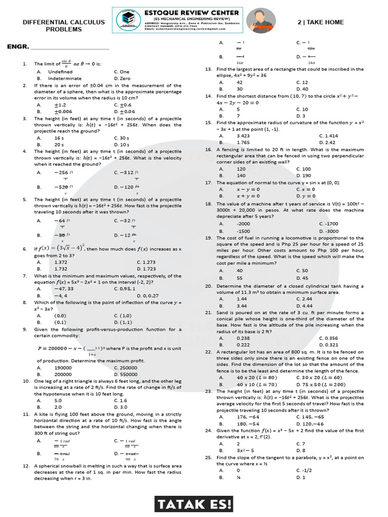 Differential Calculus Take-Home Problems | PDF | Area | Sphere