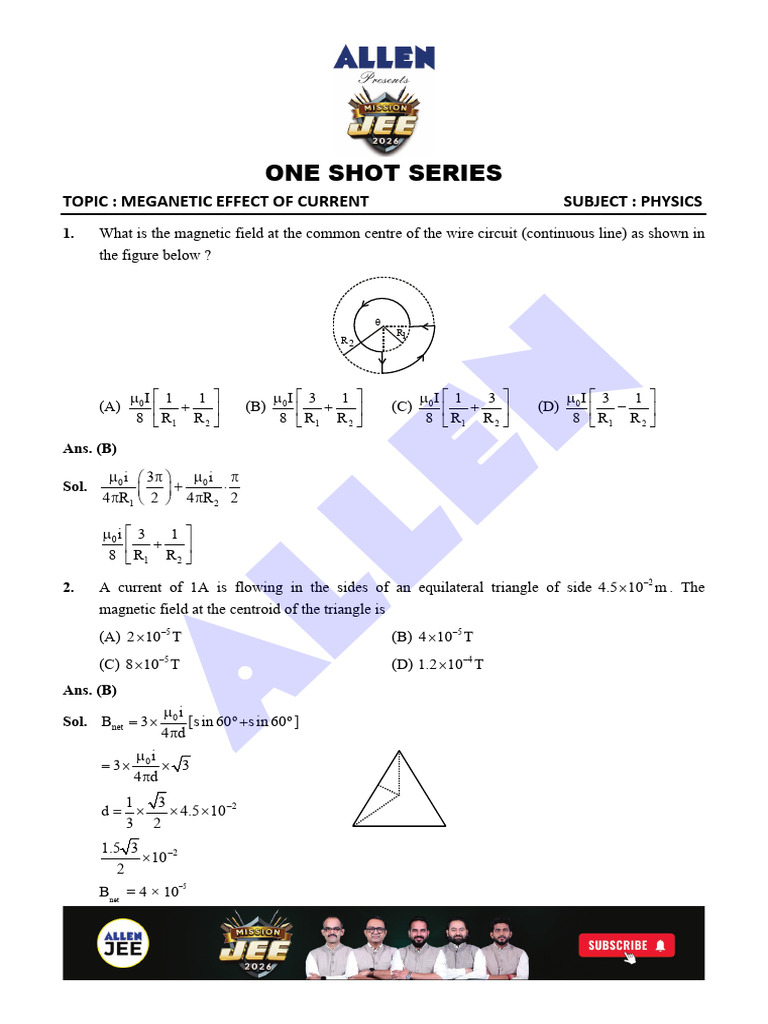 Magnetic Effect of Current One Shot Series Home Work With Solution ...