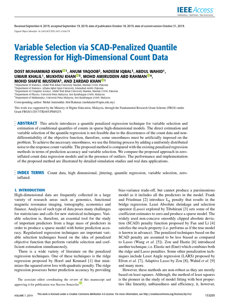 SCAD-Penalized Quantile Regression for Count Data | PDF | Linear ...