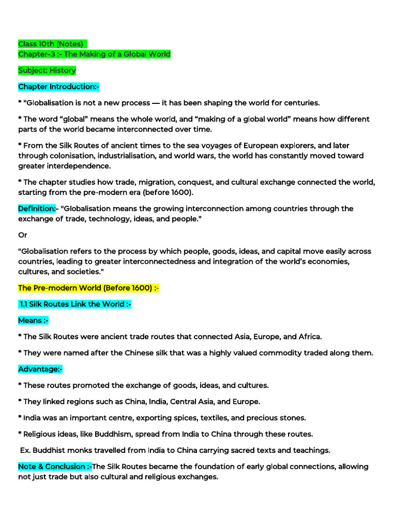 Globalization in History: Class 10 Notes | PDF | Economies