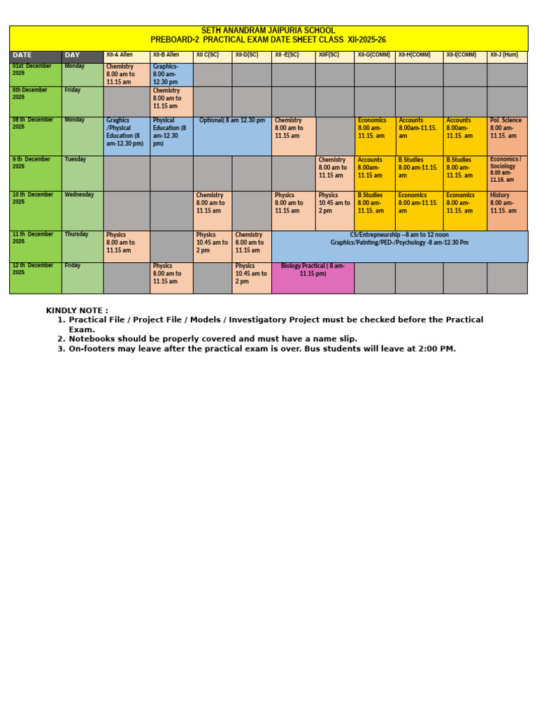 Class XII Preboard 2 Practical Dates 2025 | PDF