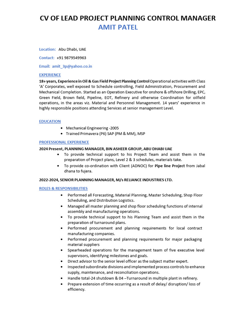 Lead Project Planning Control Manager CV | PDF