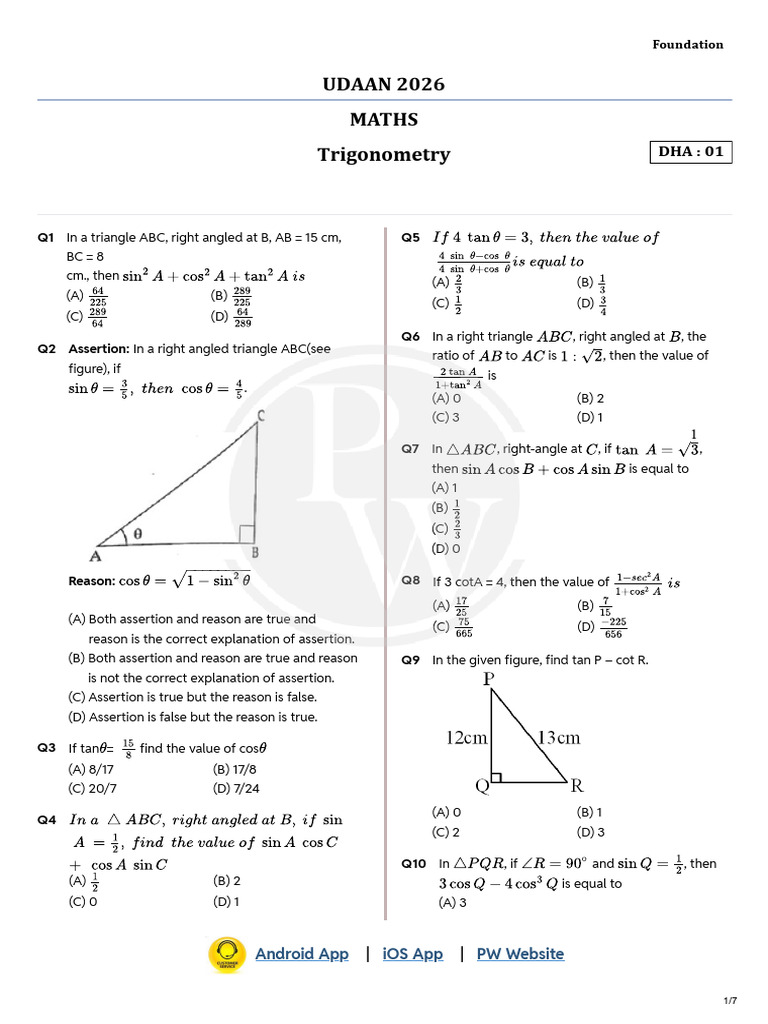 Trigonometry Practice Questions and Solutions | PDF | Trigonometric ...