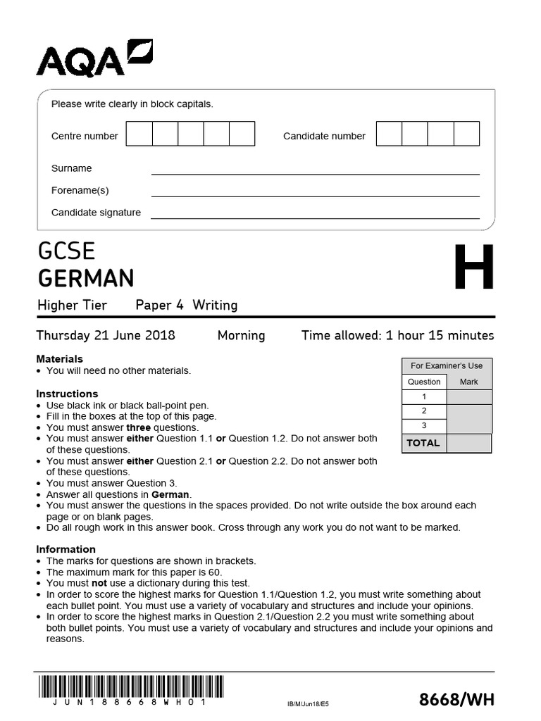 GCSE German Writing Exam Paper 2018 | PDF