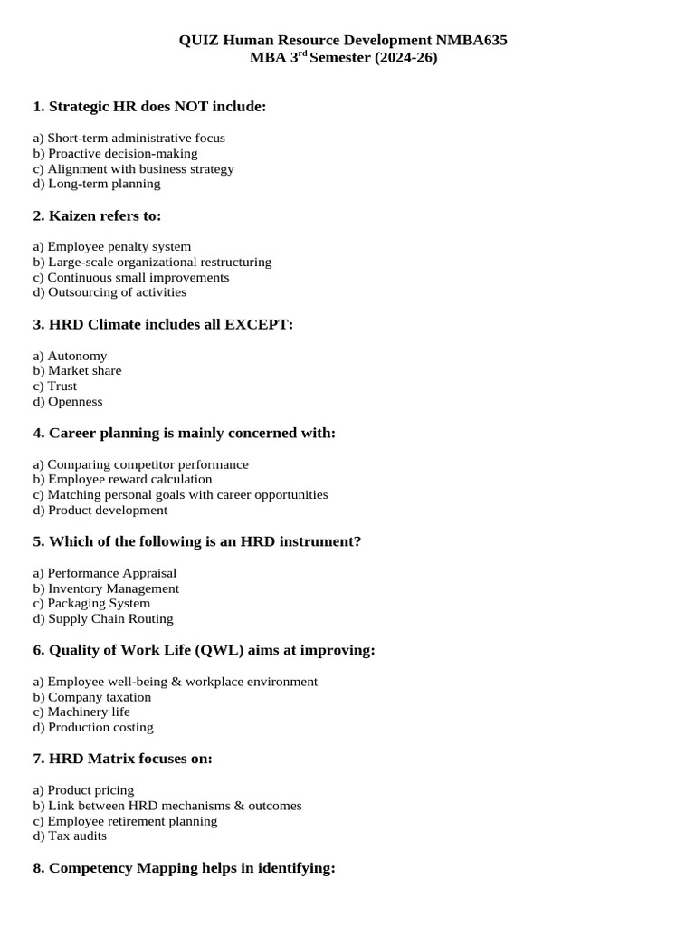 HRD Quiz | PDF | Human Resource Management | Business