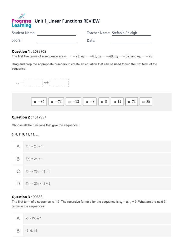 Unit 1 Linear Functions_REVIEW | PDF
