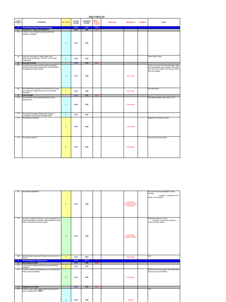 Daily Food Safety Checklist Audit | PDF | Thermometer