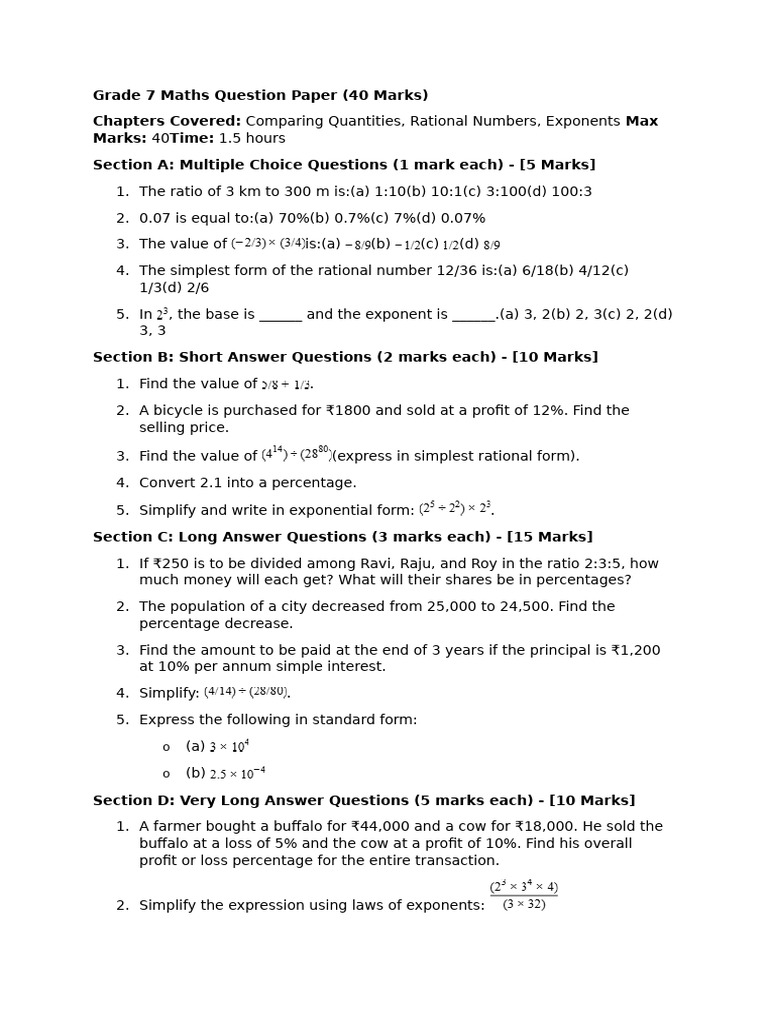 Grade 7 Maths Exam Paper 40 Marks | PDF | Ratio | Exponentiation