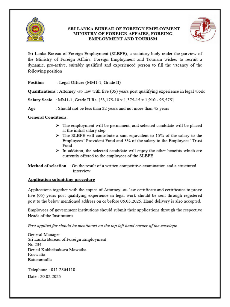Legal Officer Vacancy at SLBFE | PDF