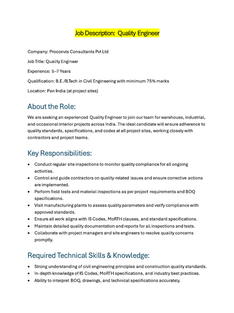 PCPL - Quality Engineer Job Description 1 | PDF