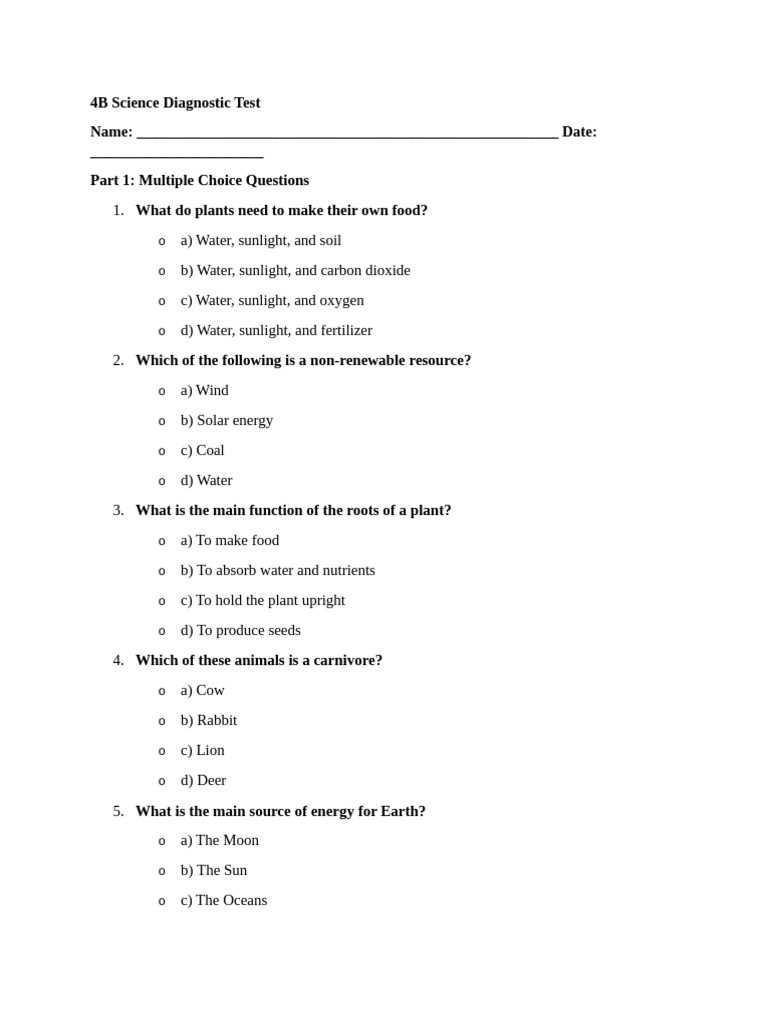 4B Science Diagnostic Test | PDF | Earth | Water
