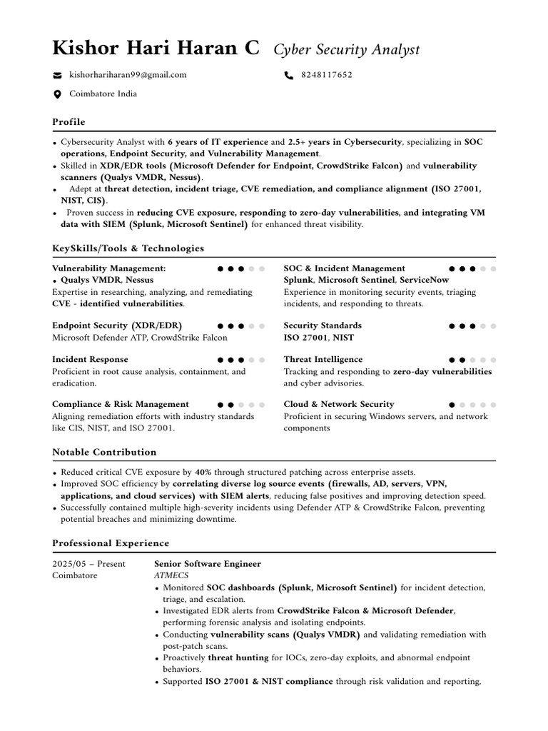 Kishor Hari Haran C: Cyber Security Analyst | PDF | Security | Computer ...