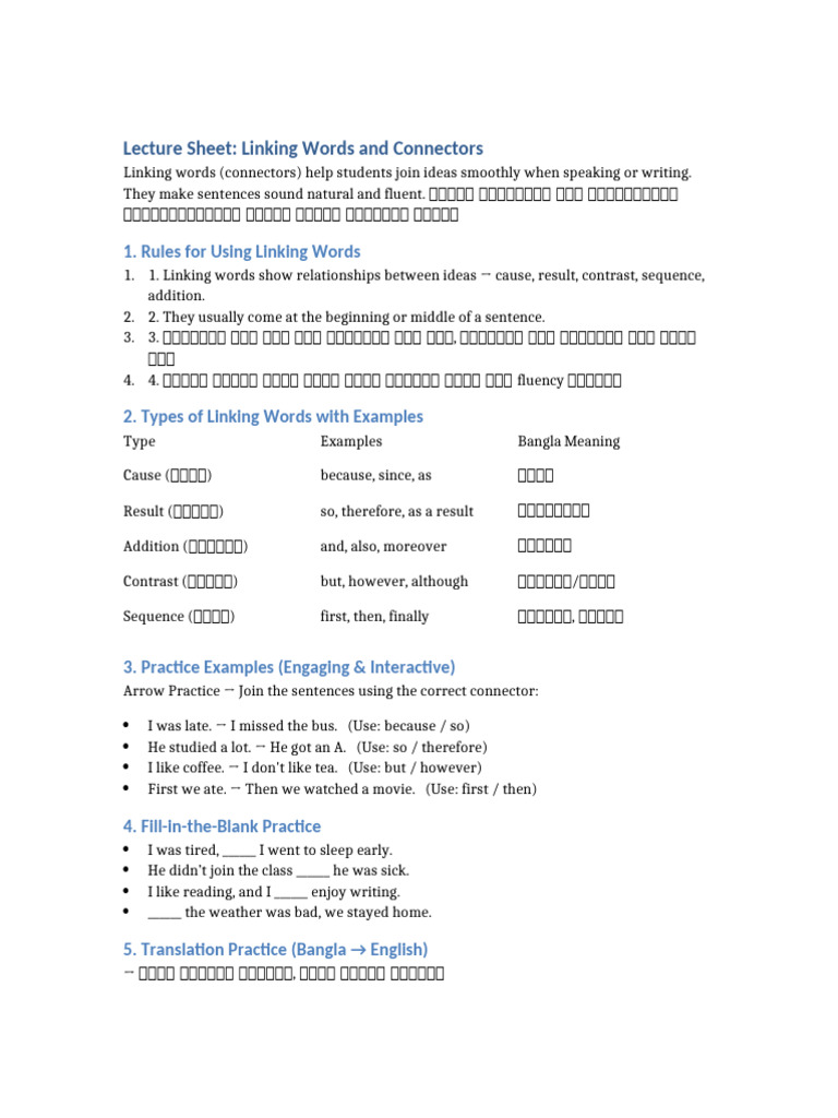 Linking Words Lecture Sheet | PDF