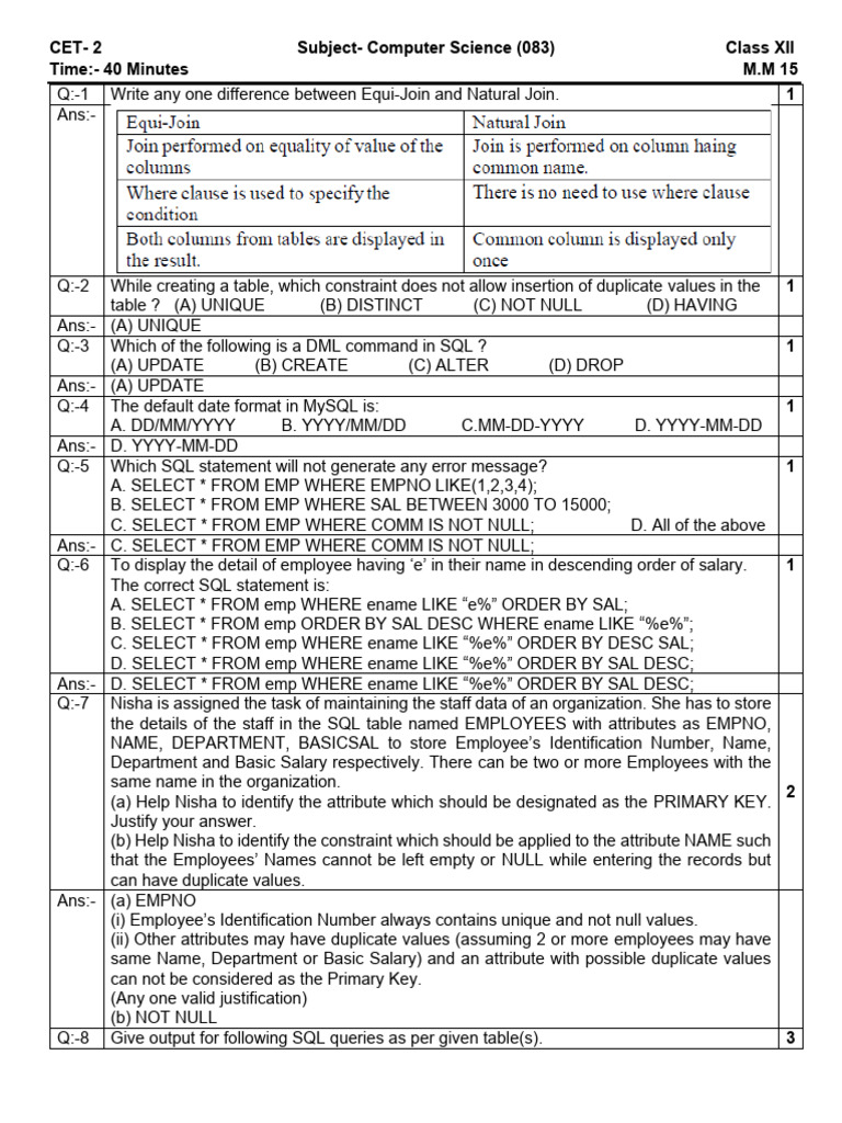 Computer Science SQL Exam Questions | PDF | Computer Data | Databases