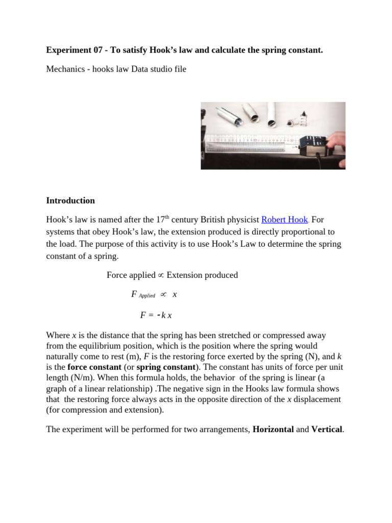 Hook's Law Experiment: Spring Constant Analysis | PDF | Force | Mechanics