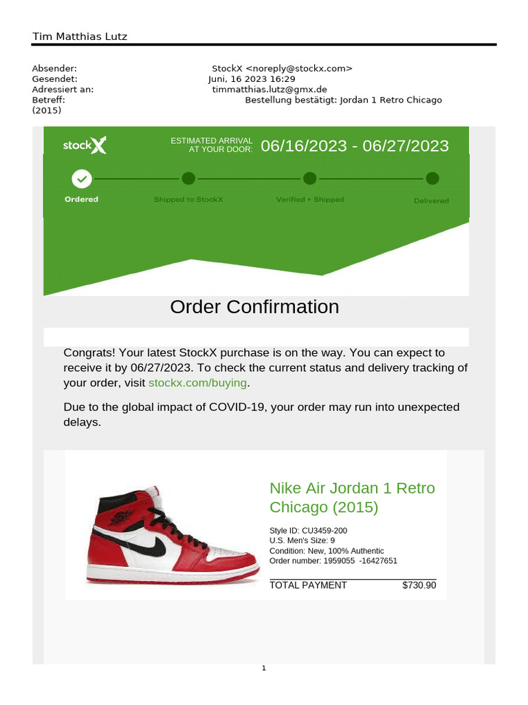 Order Confirmation: Air Jordan 1 Retro | PDF