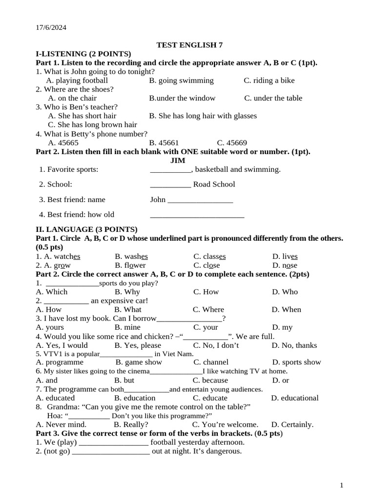 English Listening and Language Test 7 | PDF | Grammar | Syntax