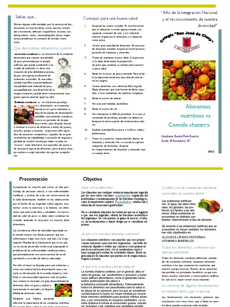 Triptico Alimentos Nutritivos Vs Comida Chatarra