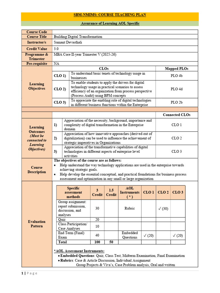 Digital Transformation Course Plan | PDF | Automation | Learning