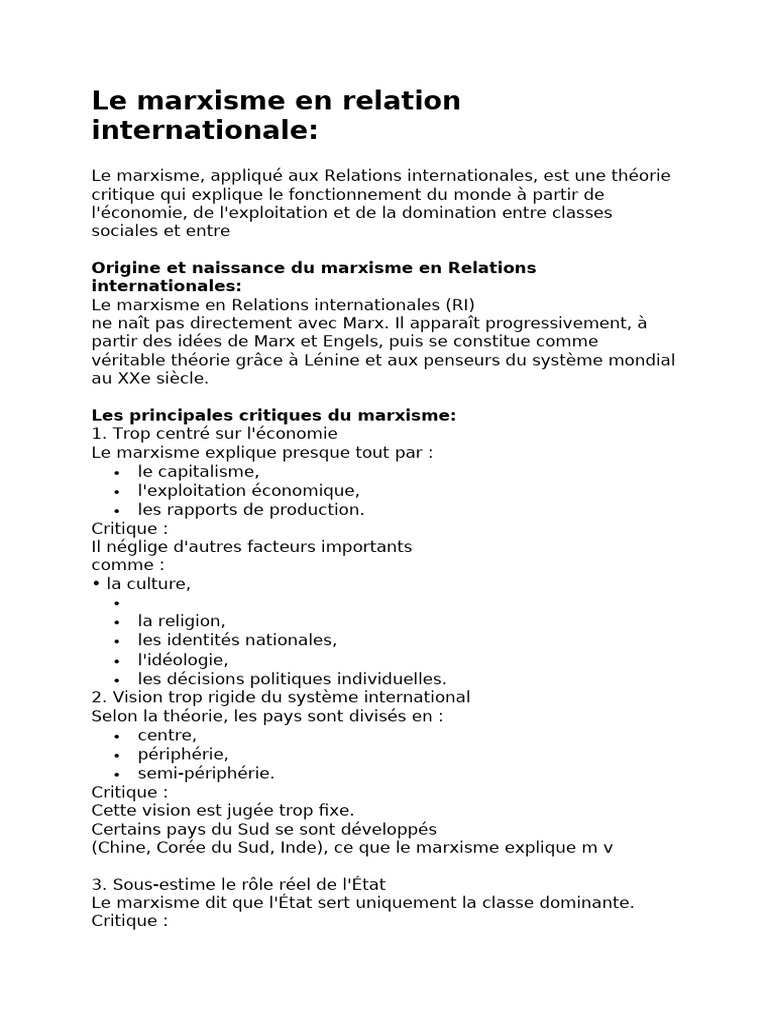 Marxisme et Relations Internationales : Analyse Critique | PDF ...