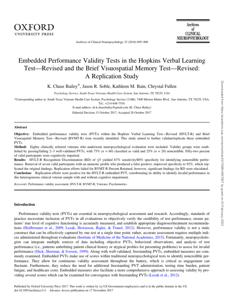 Validating Embedded PVTs in HVLT-R/BVMT-R | PDF | Mental Disorder ...