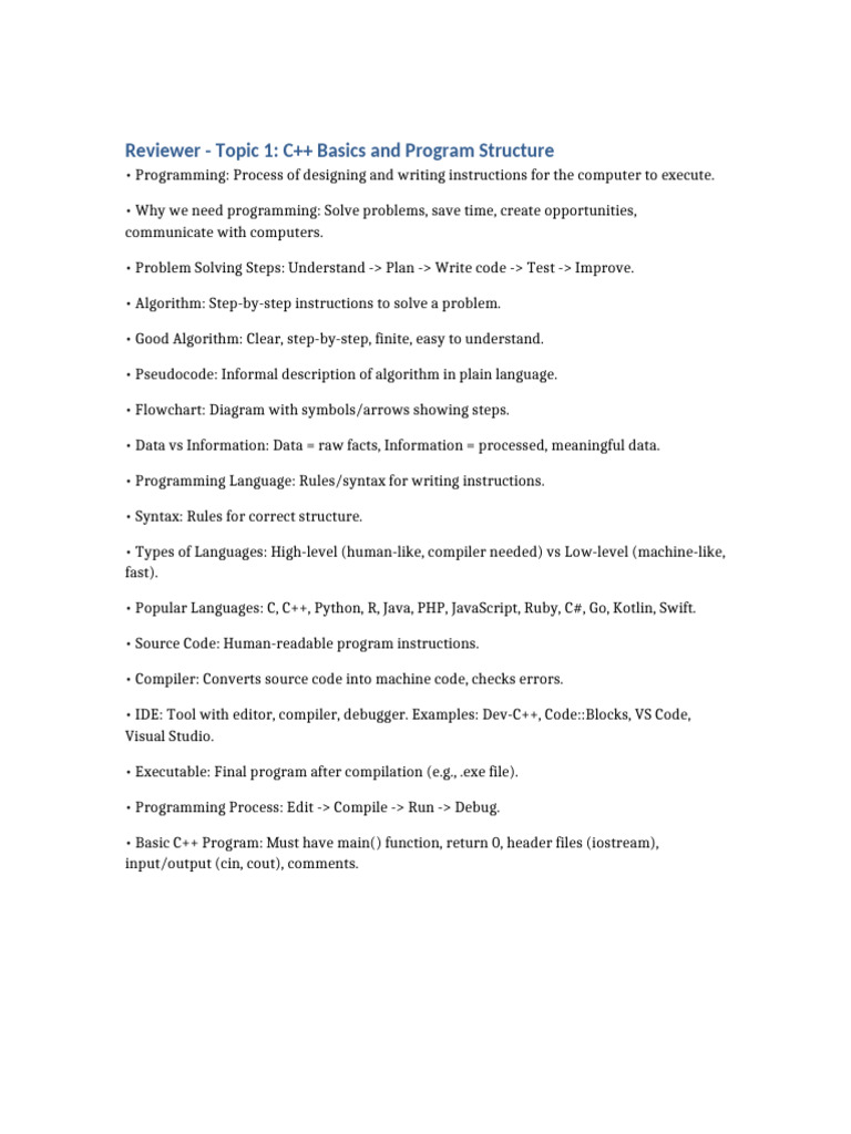 Reviewer Topic1 C++ Basics | PDF