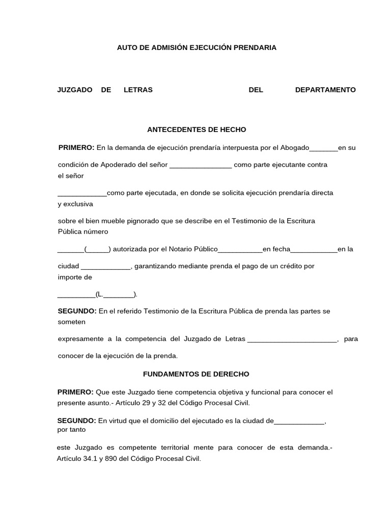 Auto de Admisión Ejecución Prendaria | PDF | Demanda judicial | Ley ...