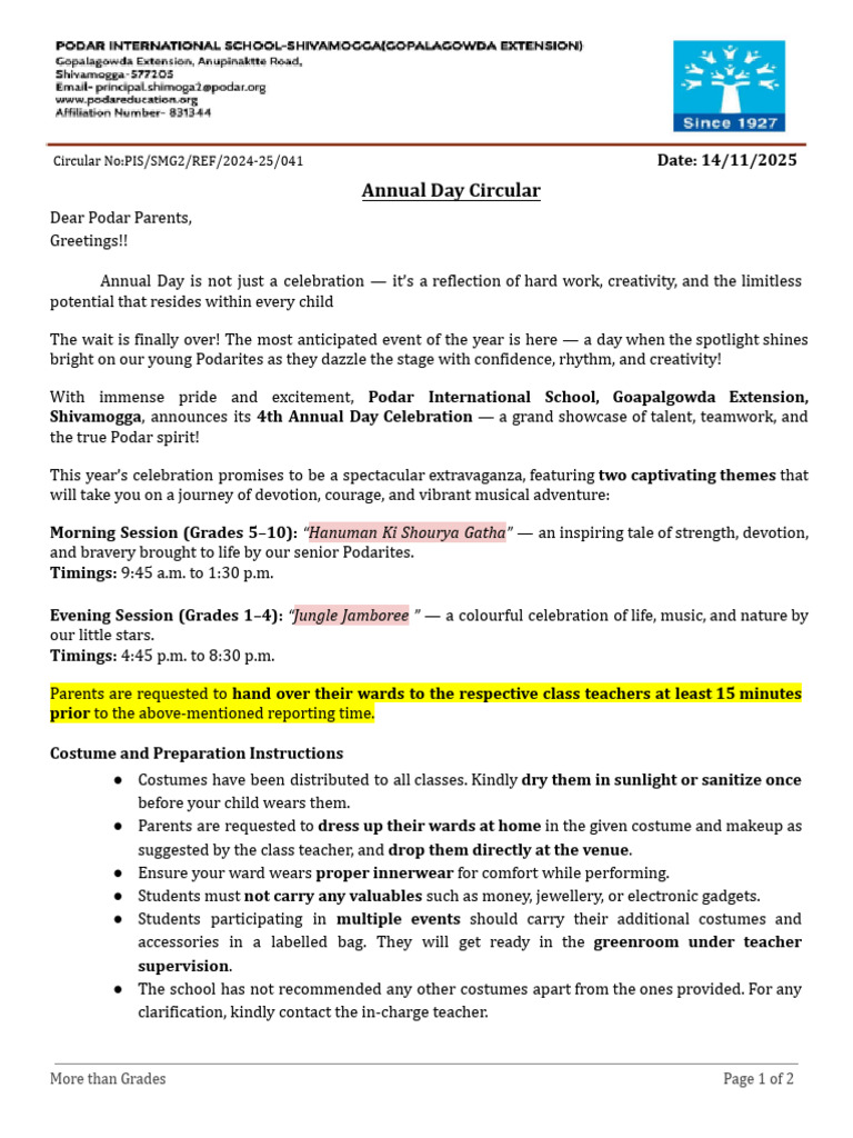 Annual Day Circular | PDF
