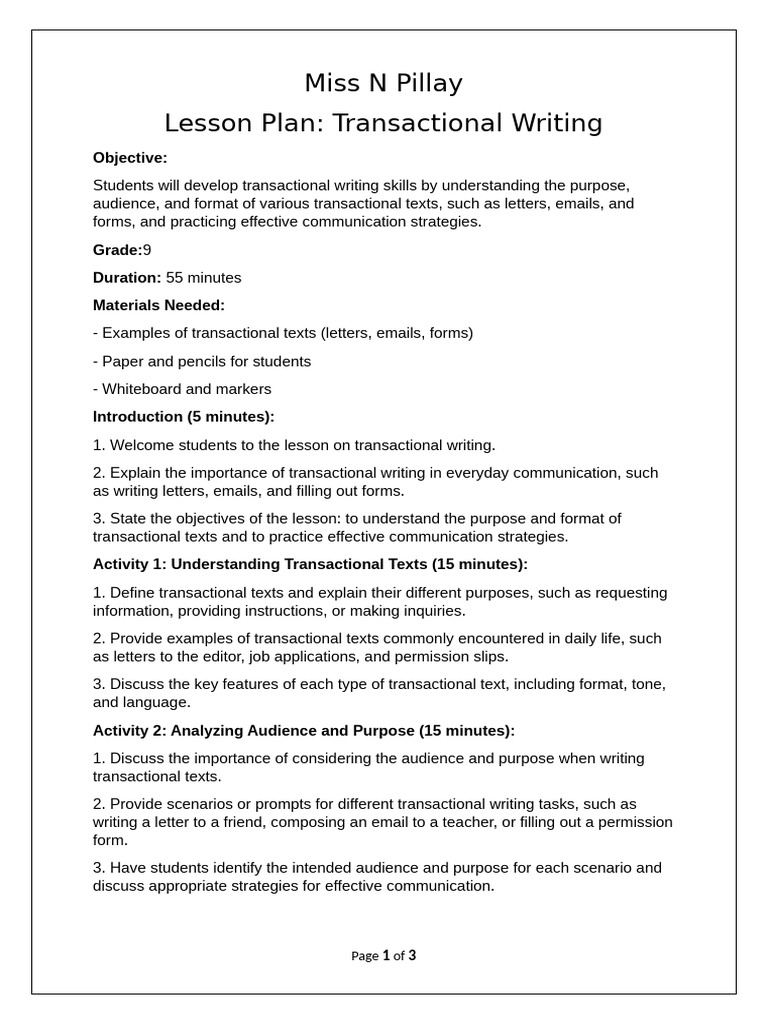 Grade 9 Transactional Writing Lesson Plan | PDF | Writing | Communication