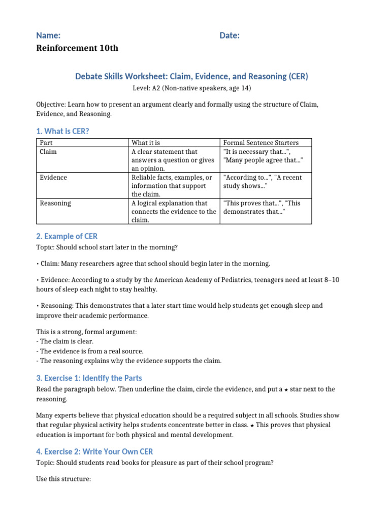 CER Debate Skills Worksheet for A2 Learners | PDF | Evidence | Reason