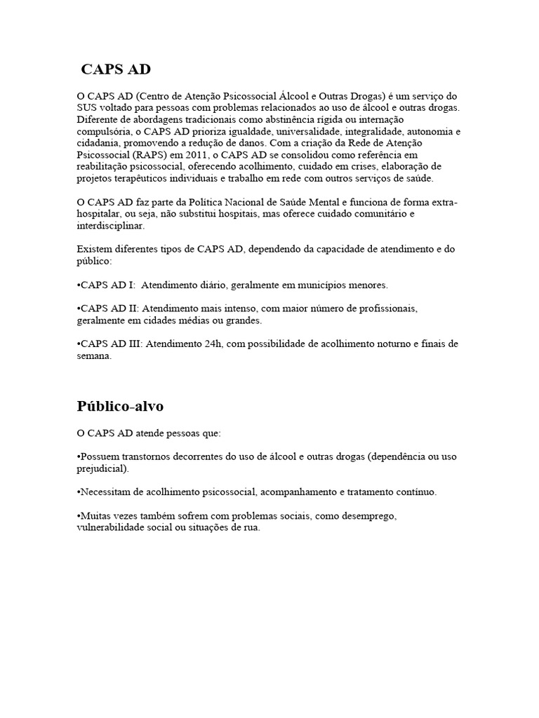CAPS AD: Apoio a Dependentes Químicos | PDF | Sistema de saúde