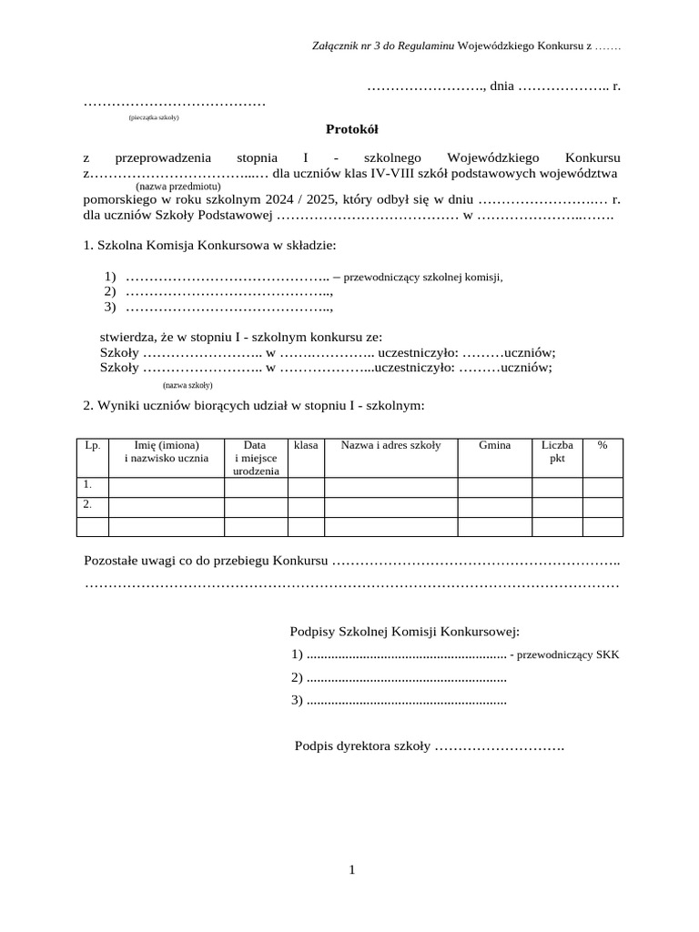 Zalacznik Nr 3 Protokol Stopien i Szkolny | PDF