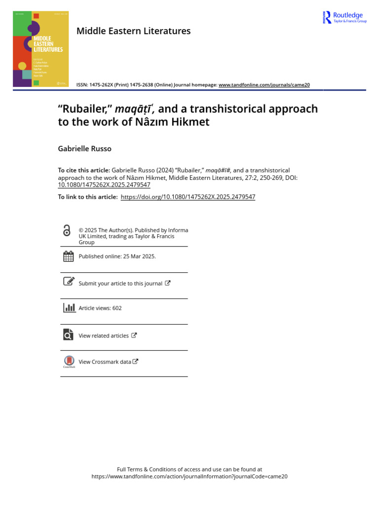 Rubailer Maq and A Transhistorical Approach To The Work of N Z M Hikmet ...