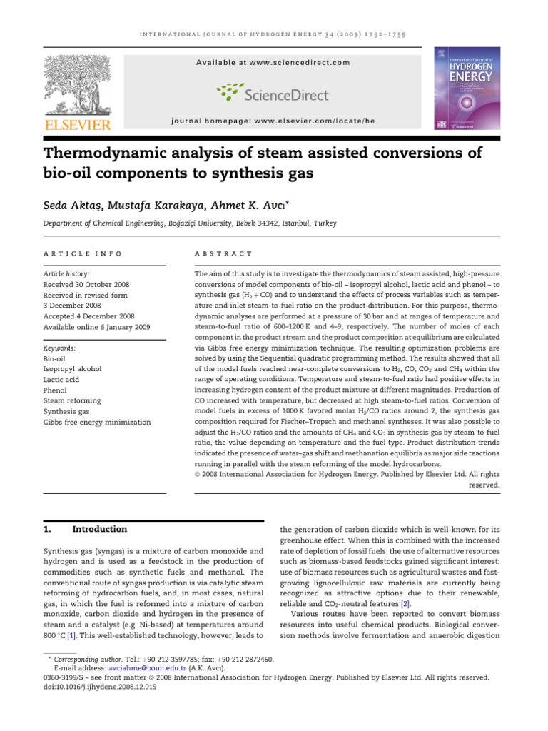 Thermodynamic Analysis of Bio-Oil Reforming | PDF | Biofuel | Methane