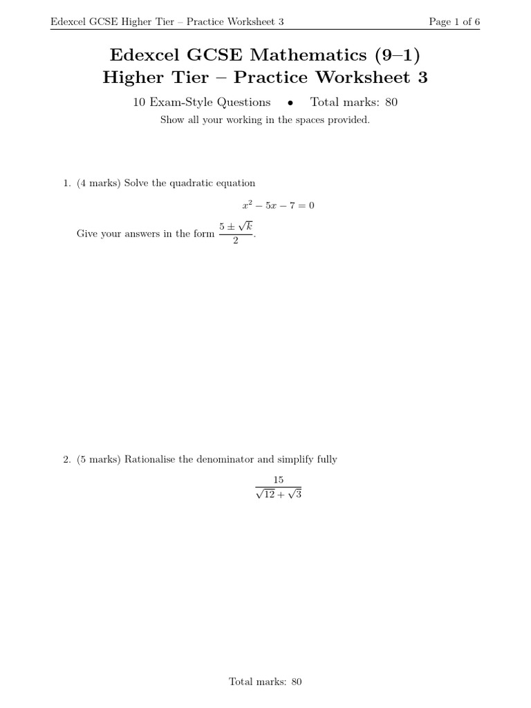 Edexcel GCSE Higher Tier Math Worksheet | PDF | Circle | Square Root