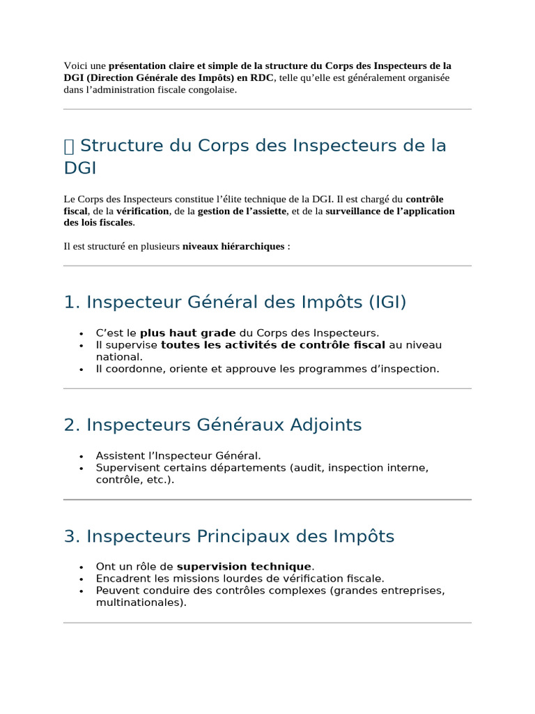 Structure du Corps des Inspecteurs DGI et DGRAD | PDF | Audit | Business