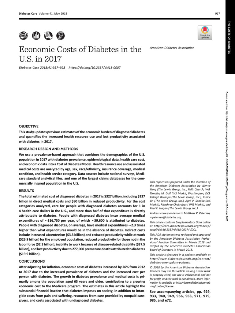 Economic Costs of Diabetes in The US in 2017 | PDF | Chronic Condition ...