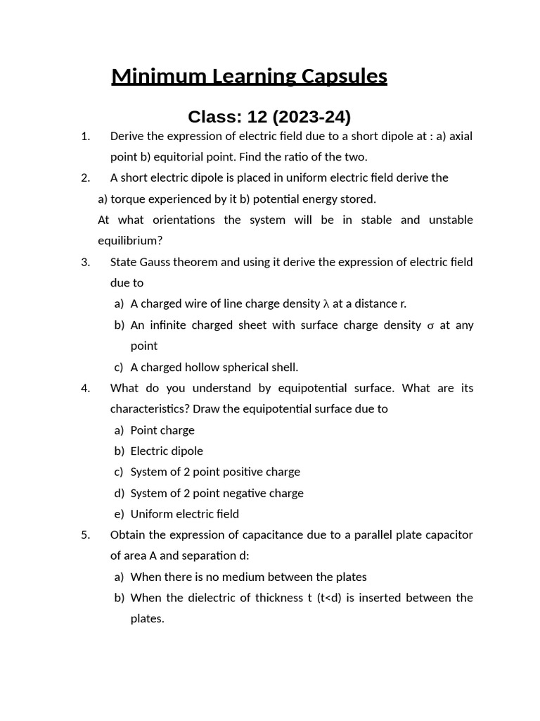 Minimum Learning Capsules: Class: 12 (2023-24) | PDF | Physics ...