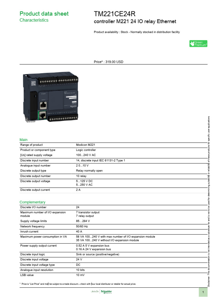 Modicon M221 24 I/O Logic Controller | PDF | Relay | Power Supply