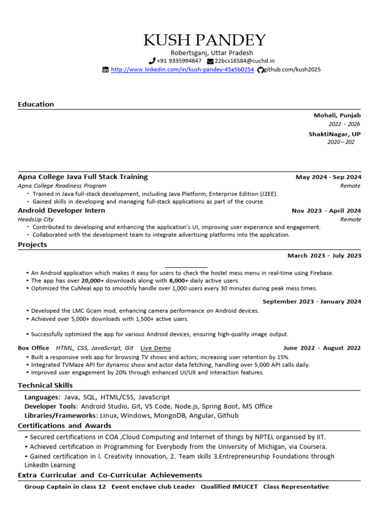 Kush Pandey - Java Full Stack Developer Resume | PDF | Mobile App ...